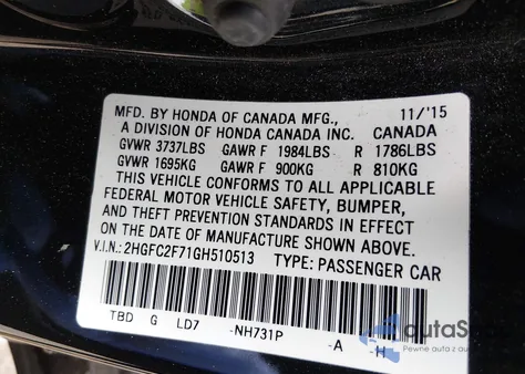 2016 Honda Civic Ex from USA, damaged, VIN 2HGFC2F71GH510513